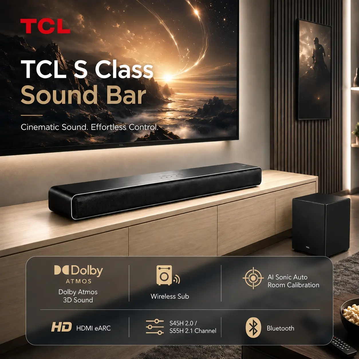 TCL S55H 2.1 / S45H 2.0 Sound Bar with Wireless Subwoofer for Smart TV | Dolby Atmos DTS:X Auto Room Calibration| 220W Power Wireless Bluetooth Home Theater Audio | App Control & Remote Control | Latest Model