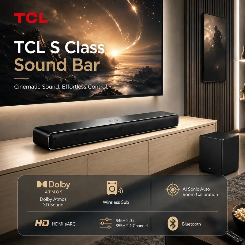 TCL S55H 2.1/S45H 2.0 Soundbar Speakers, 220W, Wireless Subwoofers, Dolby Atmos DTS:X, Auto Room Calibration, Bluetooth, HDMI ARC/eARC, 1 HDMI Cable, App & Remote Control, Mount-Compatible, Plug-and-Play Latest Model for Smart TVs & Games techvibes