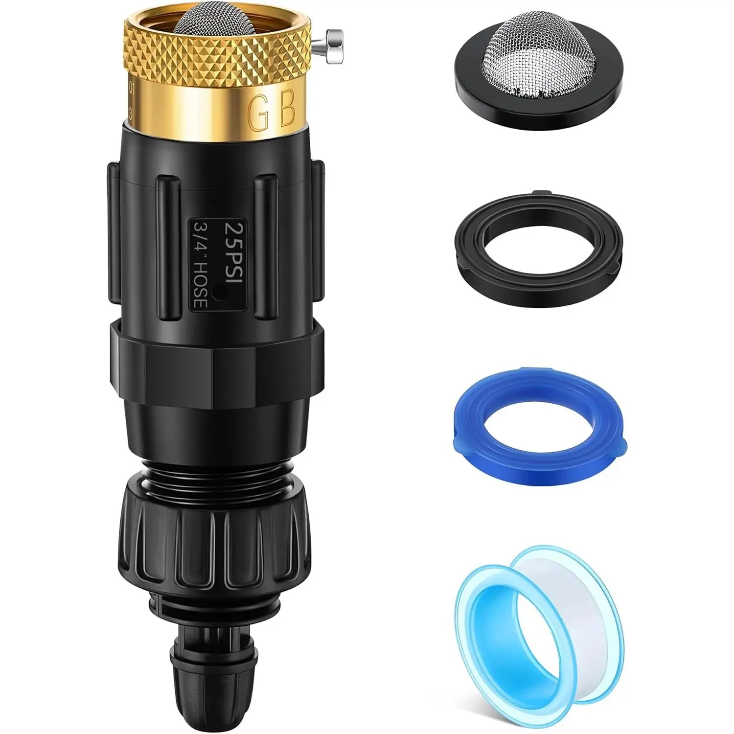 Pre-Assembled Brass Drip Irrigation Faucet Adapter Set - 25 PSI 1/4" Tubing Quick Connect to 3/4" Garden Hose, Copper Brass Fittings, Backflow Preventer, Filter, Plumbers Tape, Pressure Regulator, Easy Installation for Farmlands, Outdoor Landscape Use, Re