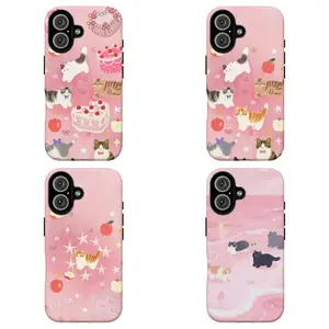FL-Whimsical Pink Cat Phone Case,Girly Watercolor Kittens with Dessert and Star Details Protective Cover For iPhone 11 12 13 14 15 16 17 Air Pro Max for Samsung S26 S25 S24 S23 S22 S21 Case,Gift for her/him