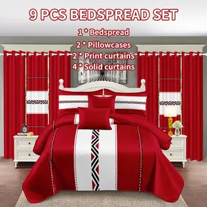 Surprise! 9-piece home decor set (various patterns available): bedspread 1 + printed pillowcases 2 + curtains 6 (printed ×2, solid color ×4), all-season, suitable for home decoration, making the bedroom more beautiful Bed Sheet Set