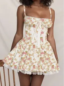 Sexy Floral Print Party Dress Women Summer Club Robe Elegant Lace Crochet Ruched Polyester Pleated Backless Mini Short Dresses Formal Chic Sleeveless Style Feminine Bohemian Womenswear Comfort Retro Anniversary Workwear Overall Spaghetti Strap Boho
