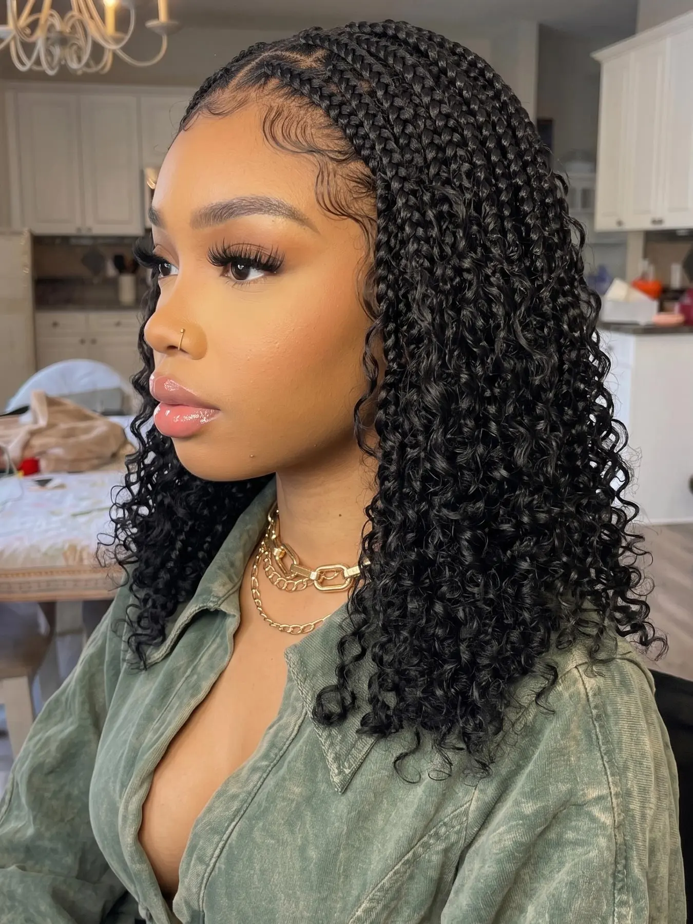 Synthetic Full Lace Boho Braids Wig Knotless Box Braided Wigs with Curly Ends Goddess Braid Wig 12 Inch Bohemian Short Bob Braided Wig