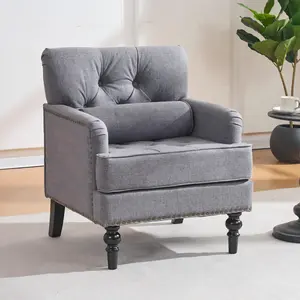 ARCH Tufted Club Chair with pillow, Accent Chair, Upholstered Button Armchair, Linen Fabric Corduroy Sofa Chairs for Bedroom, Living Room, Mid Century Modern with Studded Reading Chair, Gray