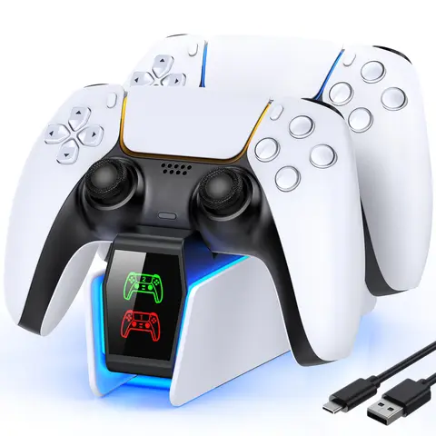 PS5 Charger Dock Station with LED Light - Fastcharging Dual Dock, 2.5-3H Time, 39-In USB-C Cable for DualSense Controllers, DualSense Edge, PlayStation 5 Faceplate Accessories, 5V/2A Required, Fully Charged Controllers Ready