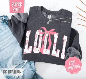 Pink Lolli Bow Sweatshirt, Cute Women’s Crewneck, Girly Aesthetic Cozy Sweater, Gift For Her