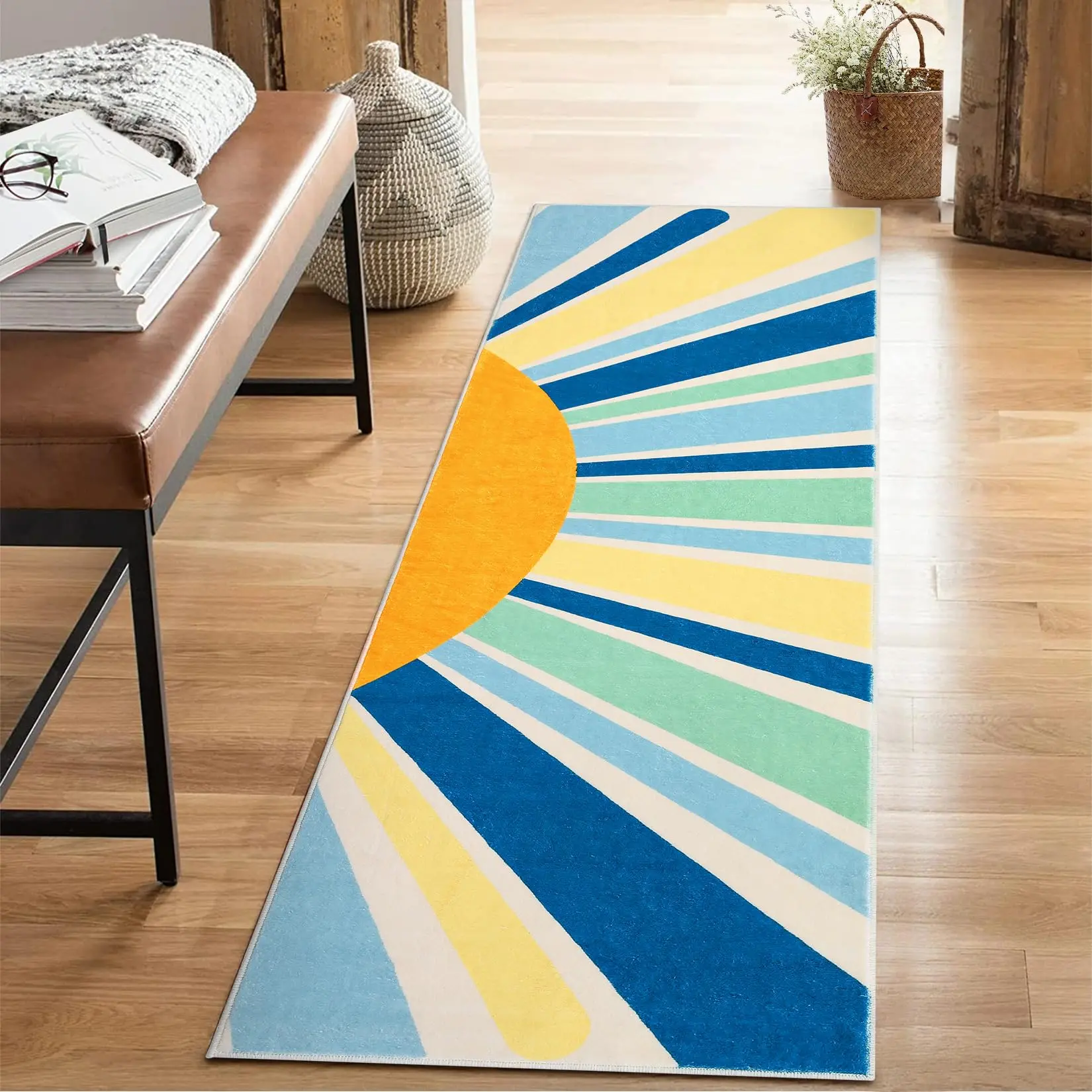 GARVEE 3x8 Long Hallway Runner Rug with Minimalist Sunrise Design, Machine Washable, Non-Slip Boho Accent Carpet for Living Room, Bedroom, Kitchen - Colorful and Durable Floor Cover