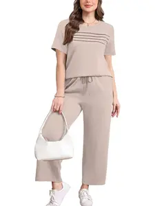 Women’s casual set available in multiple colors: crew-neck ruched short-sleeve top + drawstring wide-leg capri pants, two-piece set. Comfortable, breathable athleisure loungewear. Multiple color options. Suitable for everyday commuting, outings/vacations,