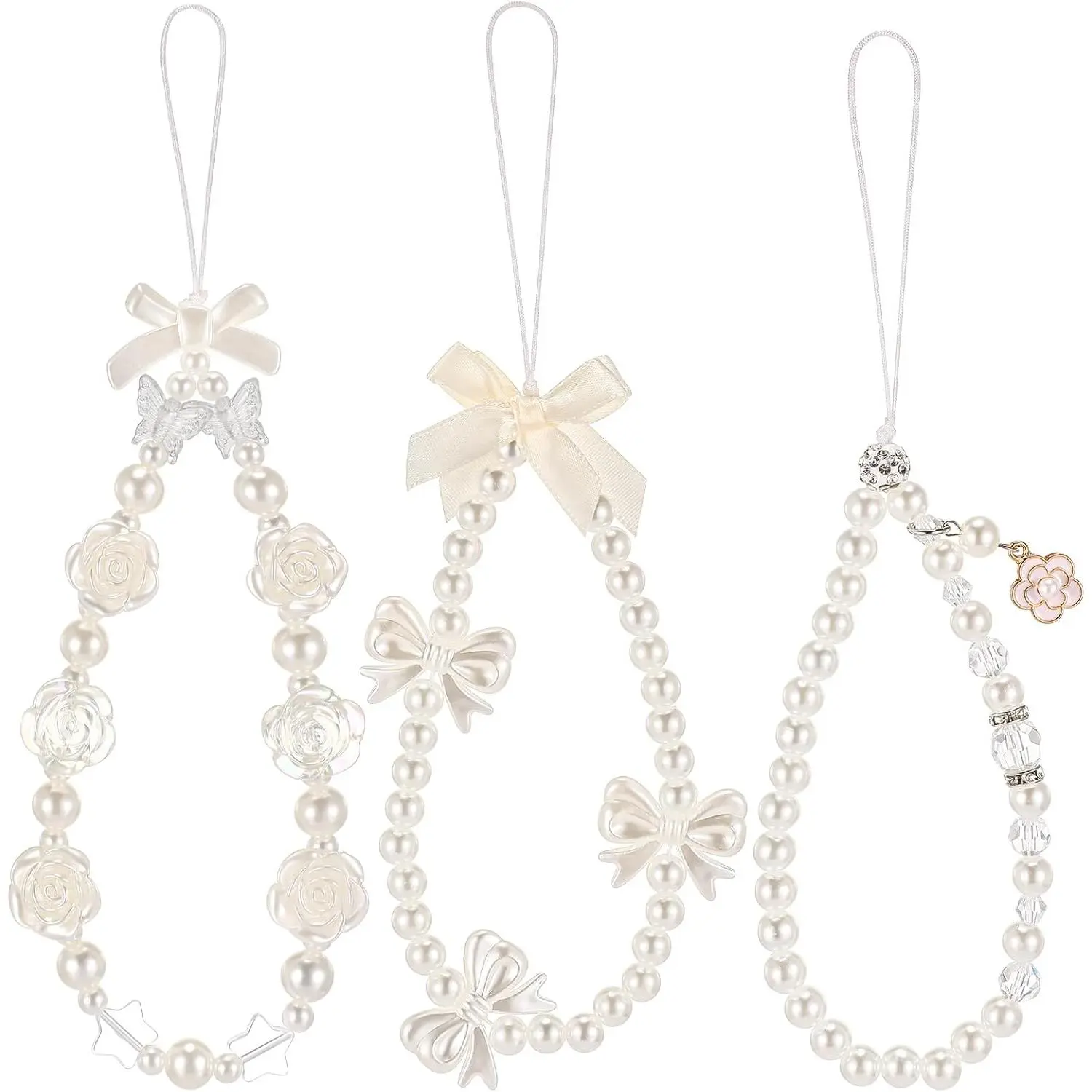 Elegant 3-Piece Acrylic Beaded Faux Pearls Polymer Clay Butterfly Cellphone Wrist Straps, Floral Cute Charm Phone Accessory for Camera, Keychain Pendants