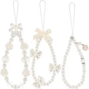 3 Pcs Phone Wrist Strap Beaded Pearl Butterfly Cell Phone Charm Strap Cute Flower Lanyard for Camera Keychain Wallet Pendant Decor