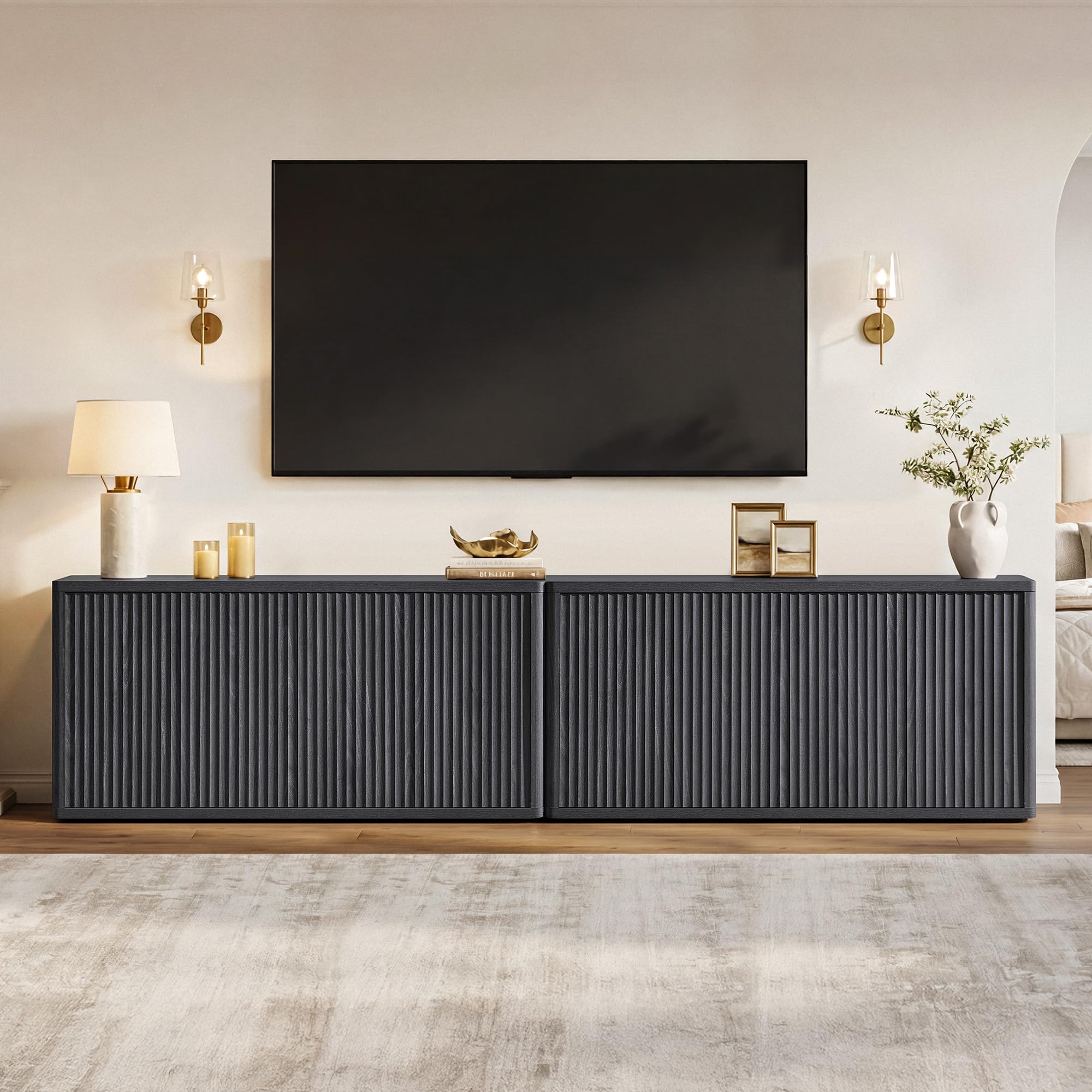 SICOTAS Modern Long Fluted TV Stand - Single Unit Media Console with Storage, Solid Base Entertainment Center for 65" TVs, Living Room Furniture, Storage Space