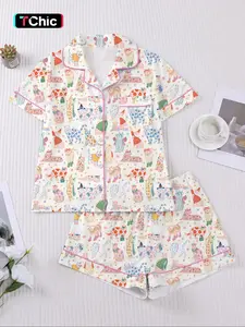 Women's 2-Piece Short Sleeve Sleepwear Set, Cute Cat Family Design, Elegant Casual for Vacation, Comfortable Lapel Top & Wide Leg Shorts, Pajama Set