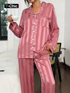 2-piece set of high-end solid color striped long sleeved pants, soft and comfortable skin friendly smooth top with small pockets, lapel design, button closure elastic waistband, all season home daily casual women's sleepwear Pajama set