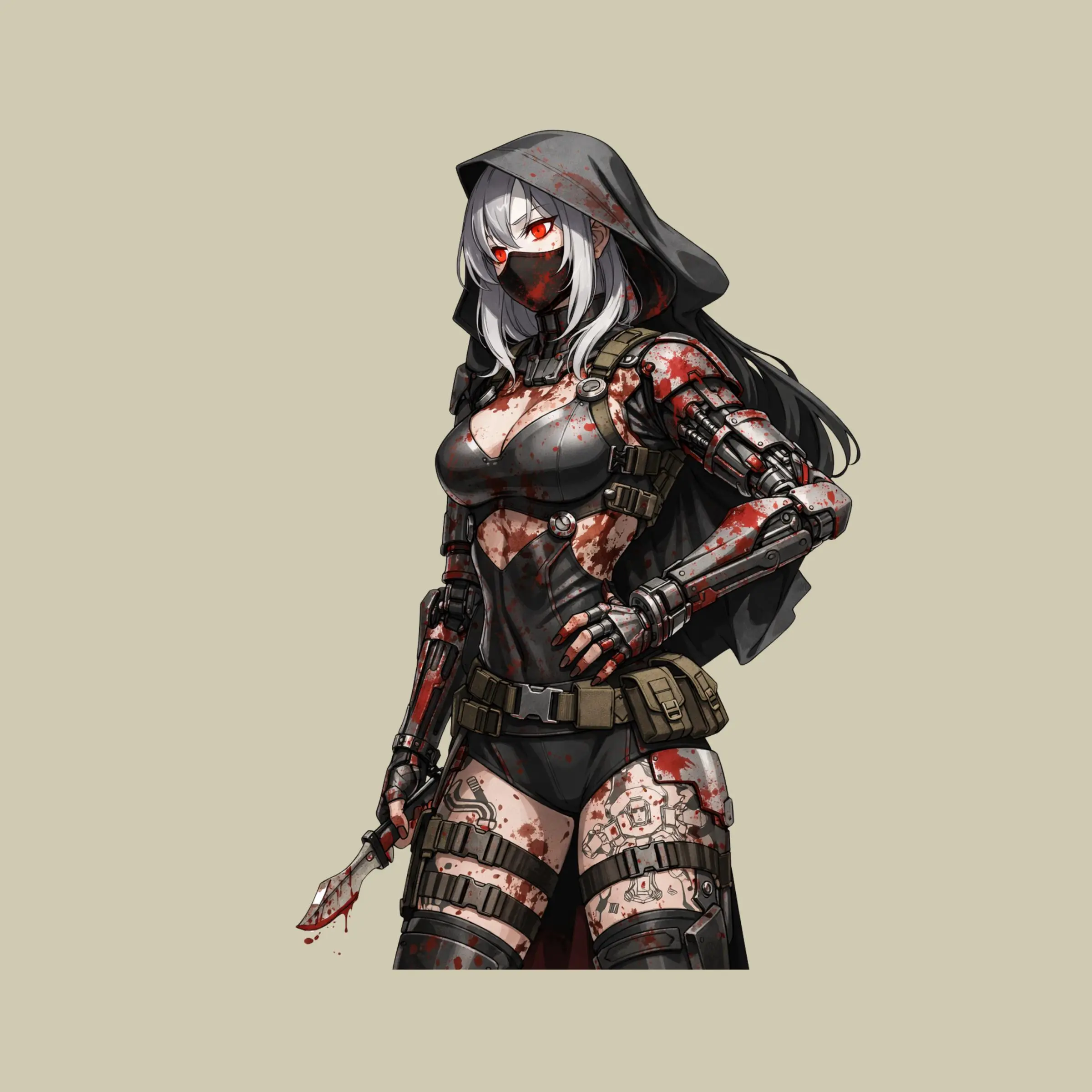 Cyber Tactical Robot Girl Sticker, Blood Style Dark Sci-Fi Decal Gift, Vinyl Sticker 2x2 to 6x6inch