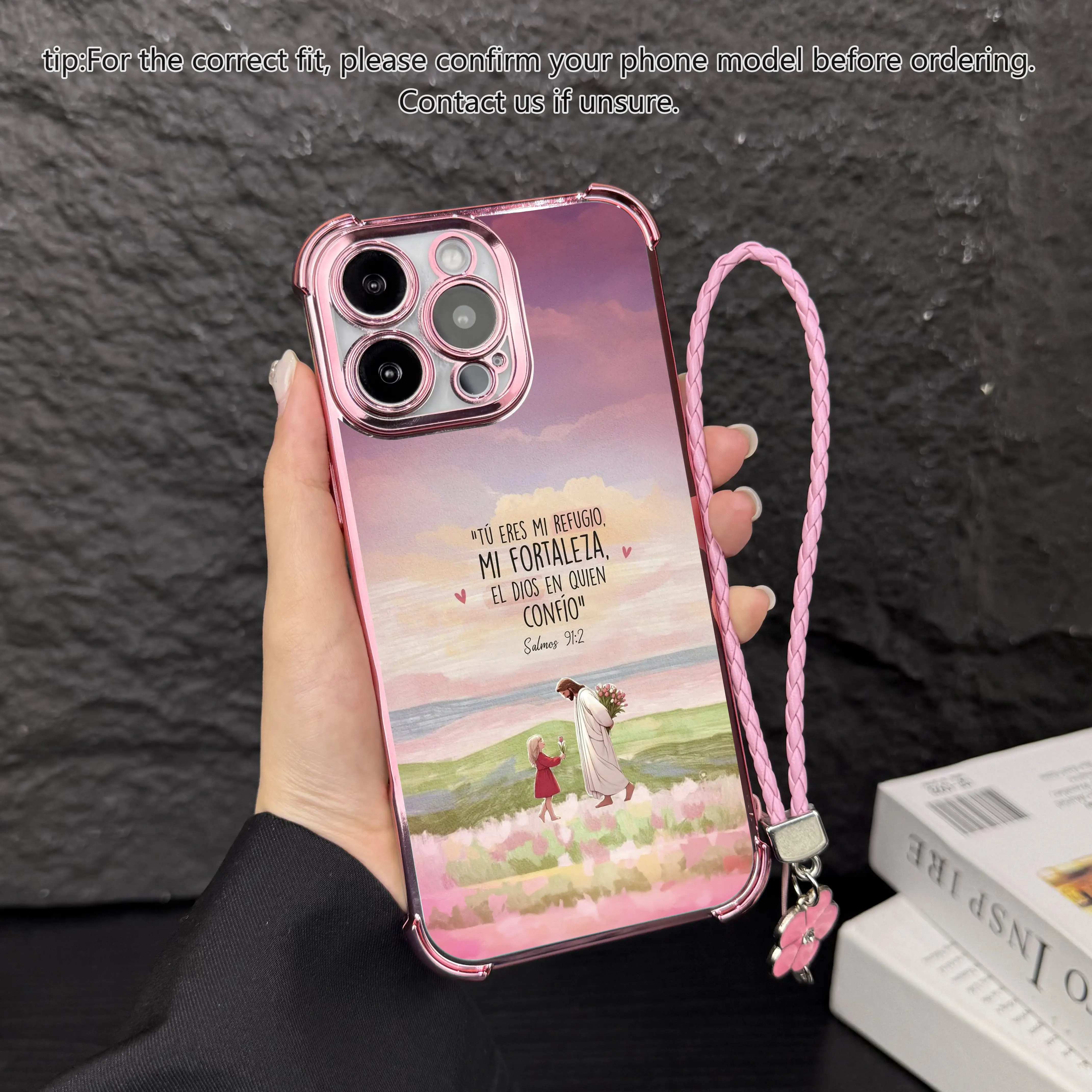 Oil painting style faith hanging rope phone case, airbag anti fall protection, electroplated border TPU phone protective case, suitable for iPhone 17 Pro Max, Air, 16, 15 Plus, 14, 13, 12, 11 and Samsung Galaxy S25, S24, S23, S22 Christ phone cases. A161