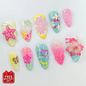 S20 Colorful Paradise Press-On Nails, 3D Starfish, Flowers, Butterfly, Heart Art, Jelly Tropical Tones, Custom Press-On Nail, Summer, Solana Nails Town