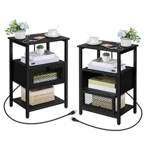 Side Tables with Charging Station and Drawer Set of 2 Night Stands with USB Ports 3 Tier Narrow Bedside Table for Small Space in Living Room