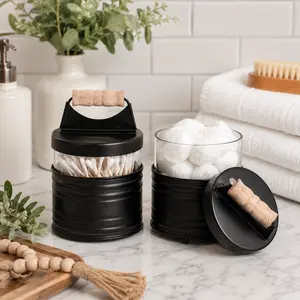 Autumn Alley Deluxe Farmhouse Apothecary Jars Set – Rustic Black Bathroom Organizer for Q-Tips, Cotton Balls, Swabs & Vanity Counter Décor