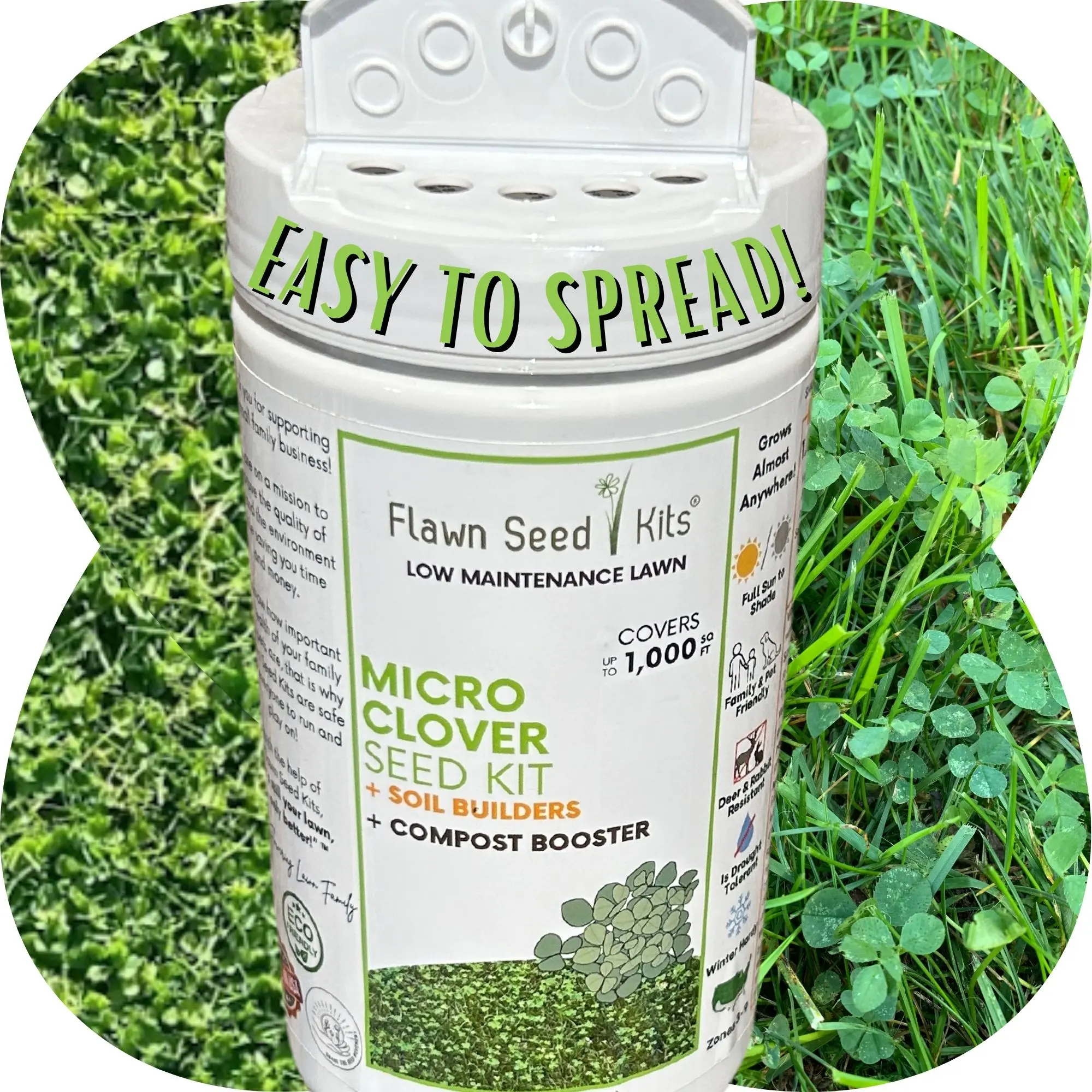 Flawn Seed Kits Micro Clover Easy Spread Shaker Non-GMO Organic Coated Seeds with Compost & Soil Builders for Low Maintenance Lawn