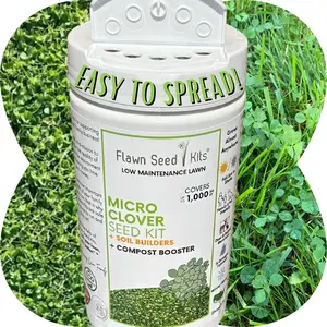 Flawn Seed Kits Micro Clover Easy Spread Shaker Non-GMO Organic Coated Seeds with Compost & Soil Builders for Low Maintenance Lawn