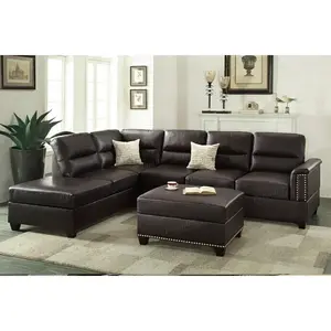 Poundex F7609 Collette Espresso Bonded Leather Sectional Sofa with Nail Head Trim Accents & Reversible Chaise for Modern Living Room Design