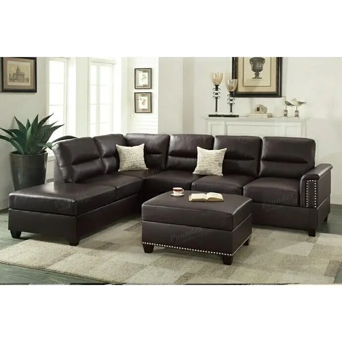 Poundex F7609 Collette Espresso Bonded Leather Seater Sectional Sofa - Furniture with Nail Head Trim Accents, Reversible Chaise for Modern Interior Design Living Room Lounge