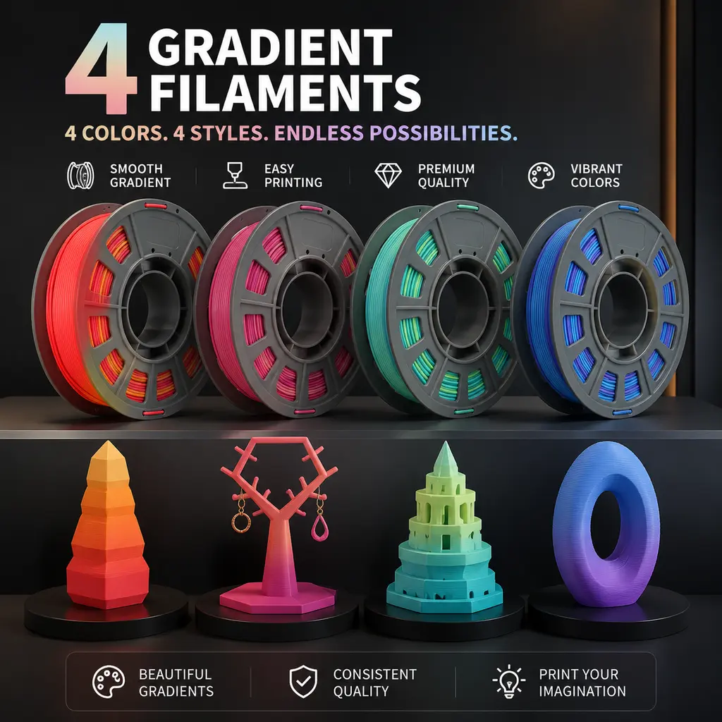 Vertical Gradient Polylactic Acid (PLA) Filament 1.75mm, 3D Printing Supplies, Slow Multi-Color Shift, Smooth Layer Lines, Tangle-Free Vacuum Sealed 300g per Spool, Single/4-Roll Sets, For Decorative Art Models, Fits All Desktop FDM 3D Printers