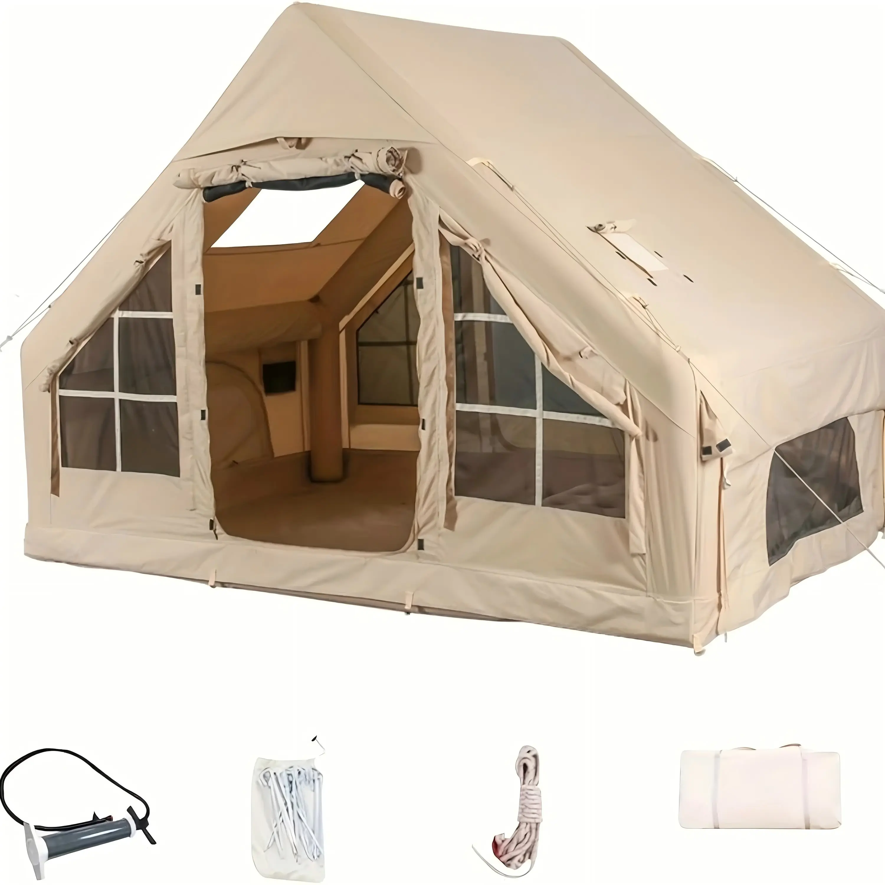 Portable Waterproof Pop-Up Tent 4 Season Oxford Log Cabin Inflatable Camping Tent with Hand Pump Waterproof Windproof for Outdoor Adventure Easy Setup Tent Family Tents