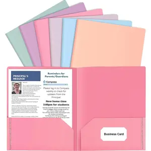 6 Pack Colored File Folders with Pockets and Business Card Holder, Pastel Decorative Pocket Folders for Documents, Cute Plastic Folders for Filing Cabinet, School, Office, Resume Portfolio