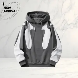 Men's gray geometric colorblock hoodie with patchwork design, casual trendy loose fit, street style fashion piece crafted for unique urban vibes Menswear Sweatshirts Tops