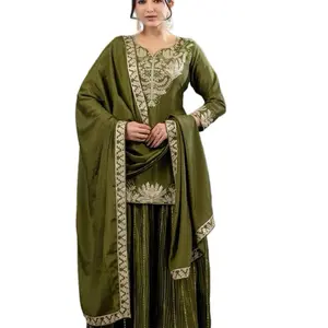 Pure chinnon Silk with Heavy Embroidery, Coding Sequence Work, Sarara Suit, Women's Clothing - Womens