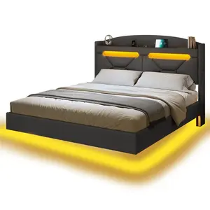 Linen LED Floating Bed Frame with Charging Station Dark Grey