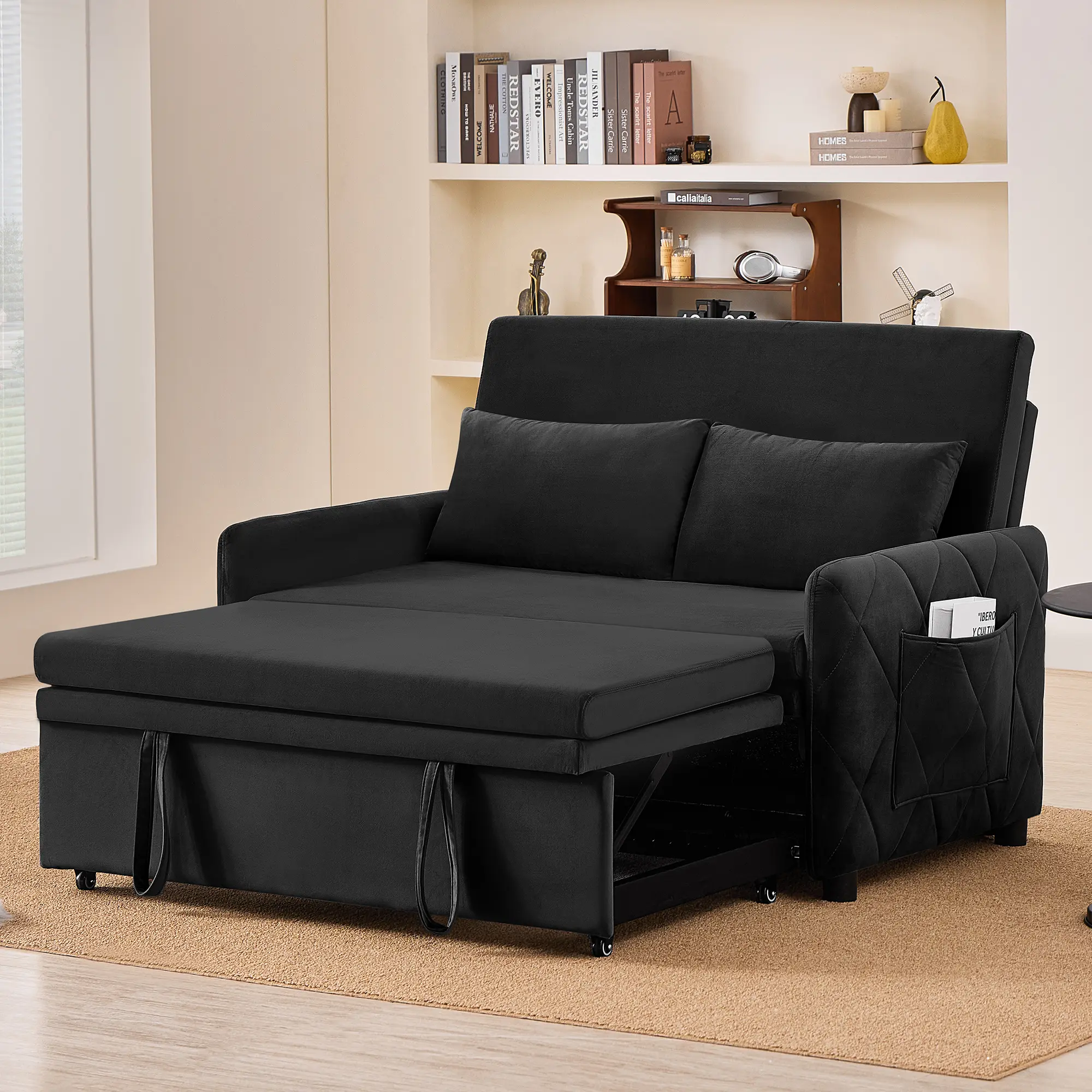 3 in 1 Convertible Sleeper Sofa Bed, Velvet Pull Out Couch, Loveseat Sleeper Bed with Side Pockets & Adjustable Backrest for Living Room, Bedroom, Apartment, Black