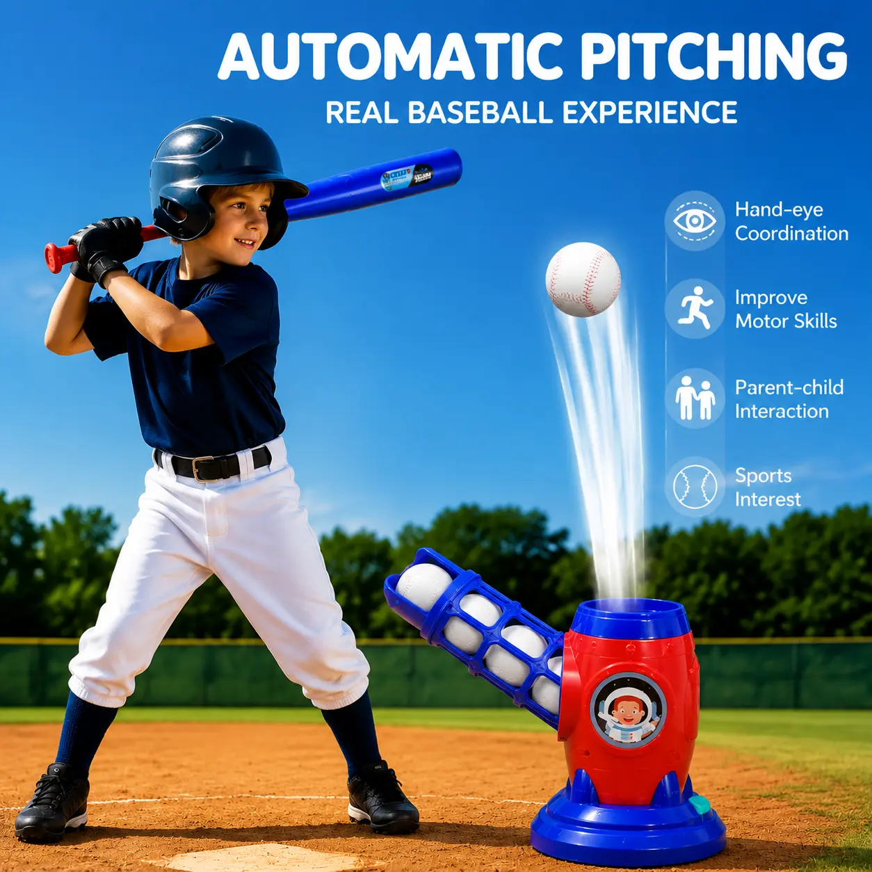 Kids Baseball Pitching Machine – Automatic Electronic Ball Launcher Toy Set | Remote Control Baseball Training Game for Boys & Girls Ages 3-8 | Outdoor & Indoor Sports Toy | Viral Must-Have Kids Gift