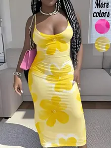 Glamorous Evening Gown, Plus-Size Floral Print Spaghetti Strap Ruched Midi Dress, Y2K Summer Style, Chic Casual Wear, Body-Hugging Fabric & Watercolor Flower Detail, For Curvy Women, Date Night, Brunch & Vacation Outf