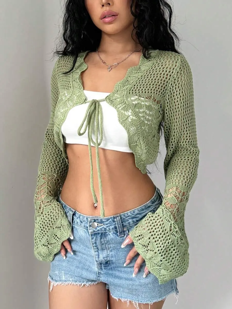 Crochet Tie Front Shrug for Women, Hollow Knit Bell Sleeve Cardigan, Boho Festival Beach Cover Up Top