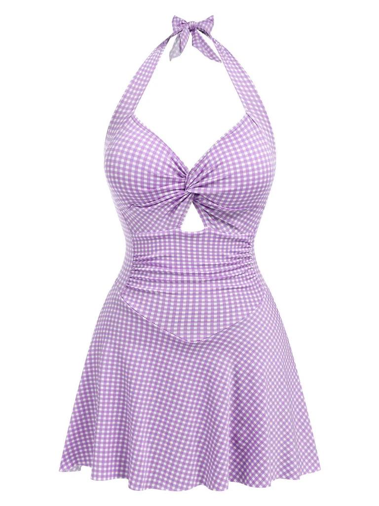Purple 1930s Plaid Halter One-Piece Retro Halter One Piece Swim Dress for Women Gingham Print Push Up Swimsuit with Tie Back and Skirted Bottom Trendy Summer Outfit for Vacation Look and Try On Haul Retro Stage Flowy Swimdress