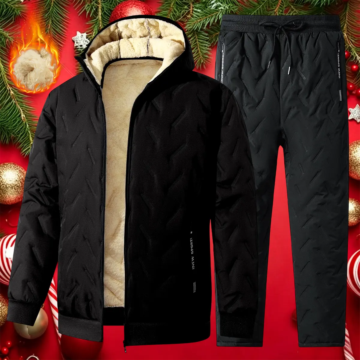 Men Hooded Sherpa Lined Quilted 2 Piece Tracksuit | Winter Daily Walk, Road Trip & Casual Hangout Outfit | Block Freezing Wind & Get Instant Warm Ready-To-Wear Outfit