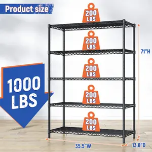 5-Tier 71'’H Garage Metal Wire Storage Shelves Units for Organizer & Closet & Kitchen storage shelves,Space-saving shelves,Black