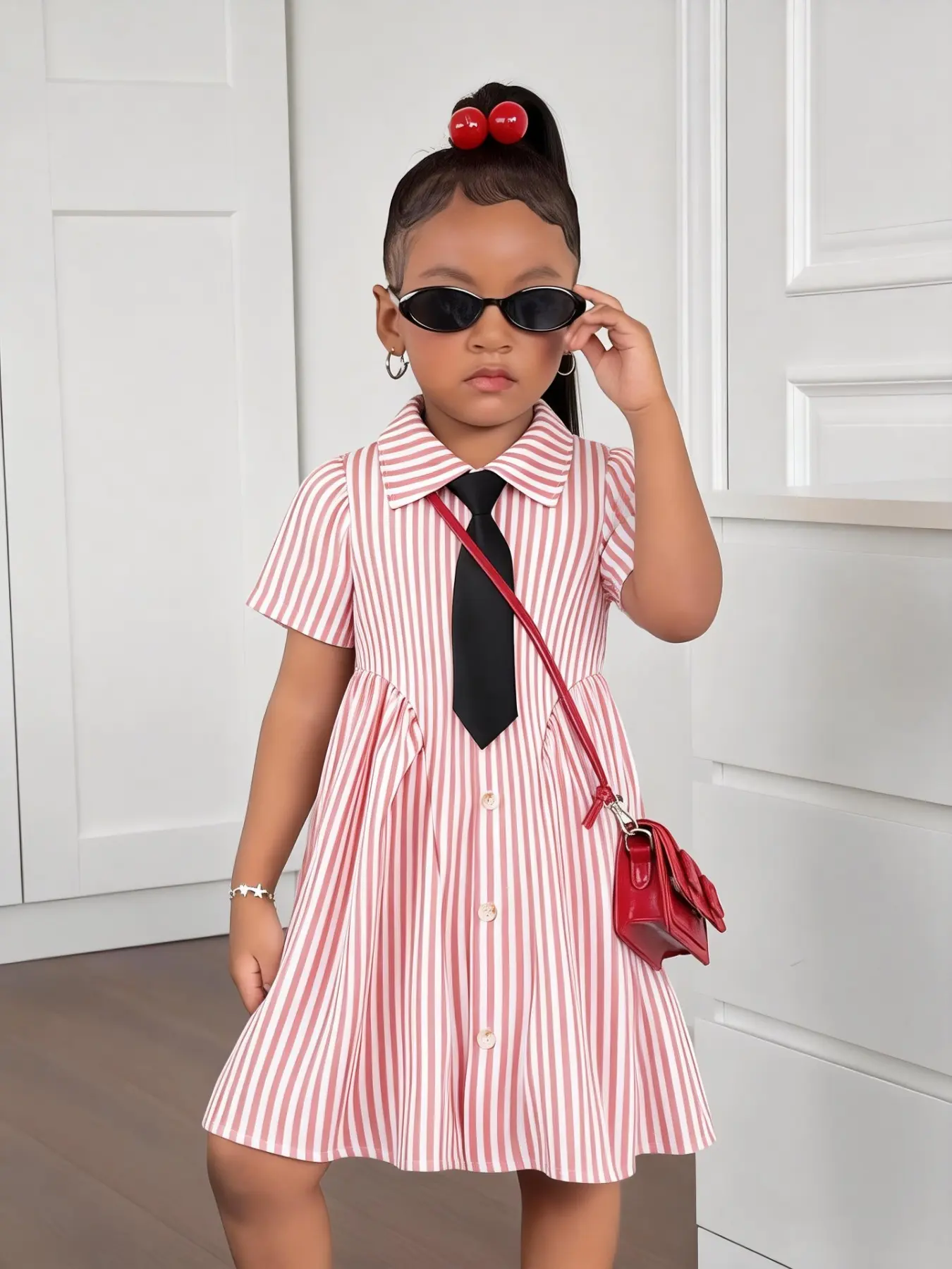 Girls' Summer Striped Shirt Collar Dress Short Sleeve, Cute Bow Tie Design, Casual Wear for Kids, Perfect for Daily, Collared Buttoned Dress