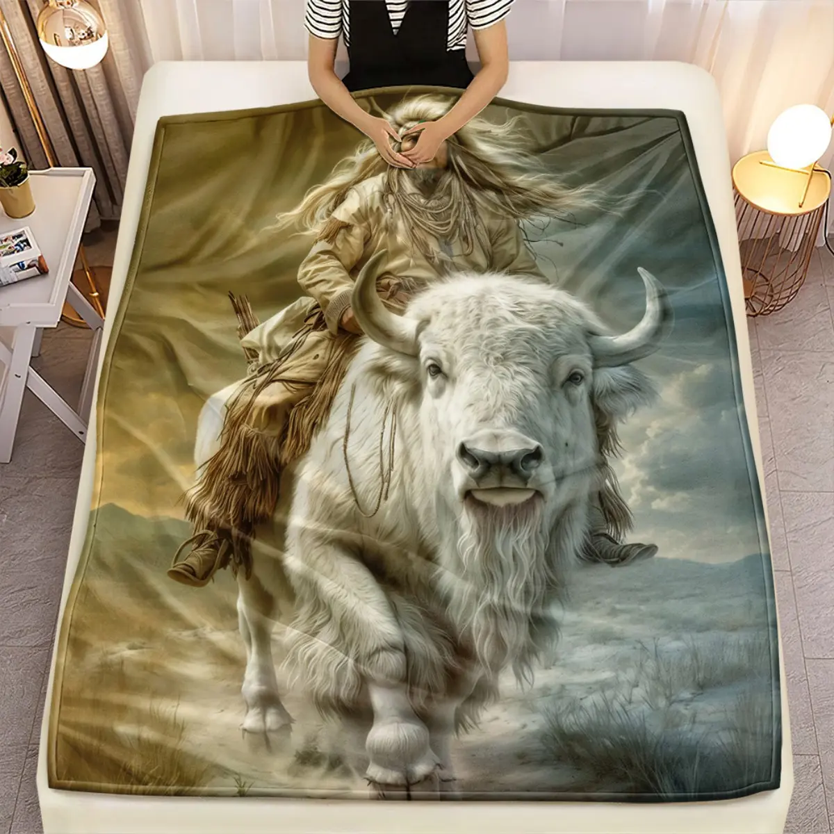 1pc Figure with Buffalo In Natural Scene HD Printed Blanket. Soft and Warm Flannel Blankets for Travel, Camping, Sofa, Livingroom, Couch, Chair, Bed. Gift for Family or Friends 280GSM 3 Sizes Available (30x40in/50x60in/60x80in)