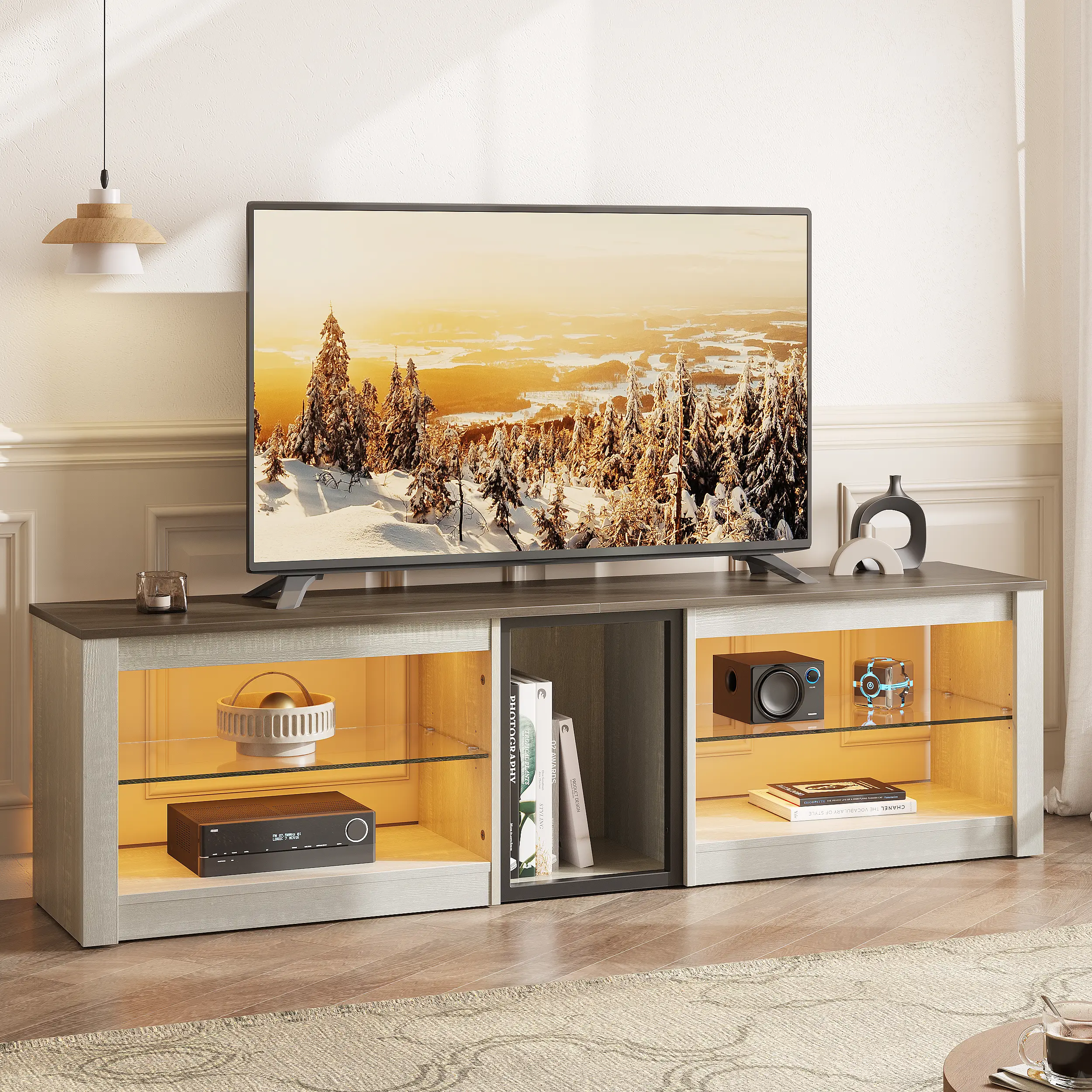 Bestier 63in RGB LED Gaming TV Stand, Modern Wood Media Console for Up to 70in TVs with Central PS5 Storage, Adjustable Tempered Glass Shelves & Cable Hole, for Gaming Room & Living Room