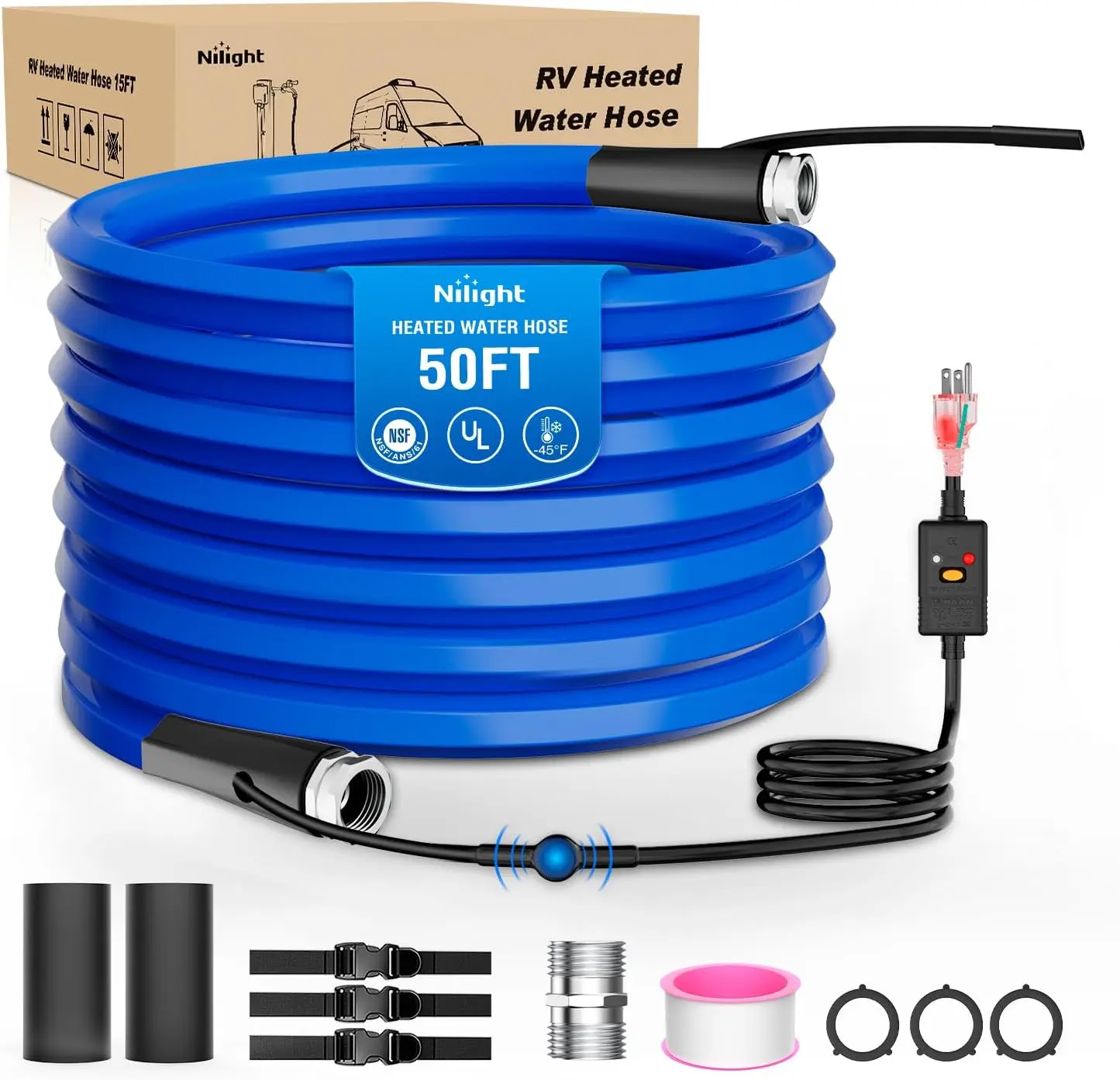 Nilight Heated Drinking Water Hose for RV/Trailer, 50FT/75FT/90FT/100FT Models, 5/8” ID, -45°F Freeze Proof, Plug-In Smart Auto Thermostat Heat System, 3/4" Aluminum Male/Female Fittings, Gaskets Belt, NSF-Certified
