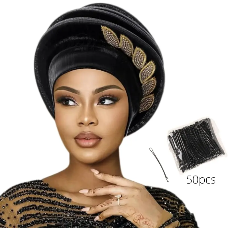 African Head Spiral Turban Cap，Beaded Leaf Embellishment, Pre-Tied Head Wrap， Wedding Turban Hats (Give away 50 hair clips)