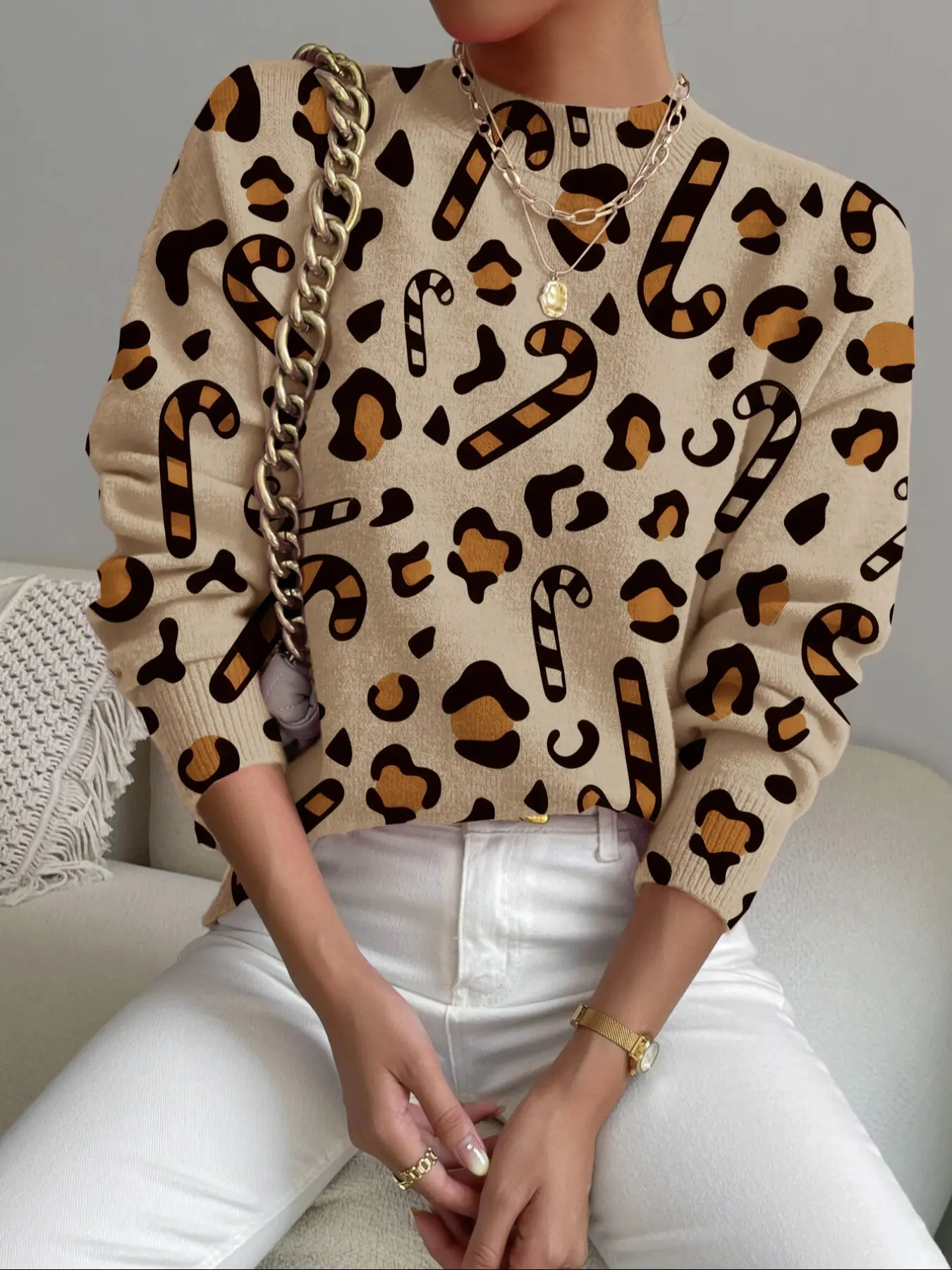 Women's Leopard Print Stand Collar Sweater, Fall Winter Casual Long Sleeve Knitwear, Comfortable Warm Daily Wear