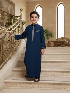 Boys Muslim Traditional Navy Blue Thobe Gold Geometric Embroidery Long Sleeve with Pockets for 8-12Y Daily & Party Wear