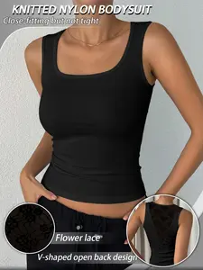 Women's Lace Backless Square Neck Knitted Jumpsuit, High Stretch Comfortable Slim Fit, Perfect for Casual Wear