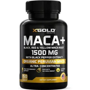 X Gold Health Maca Root Capsules 1500mg – Organic Peruvian Black, Red & Yellow Maca with Black Pepper for Energy, Libido, Mood & Reproductive Health Support