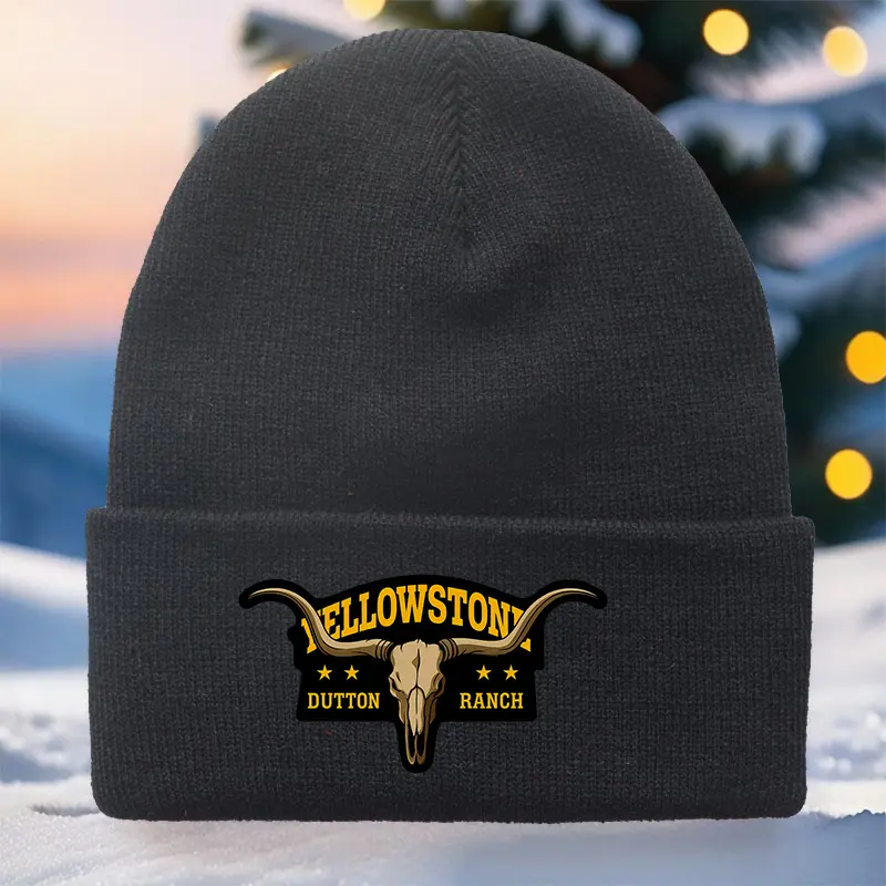 Yellowstone Dutton Ranch Printed Beanie, Unisex Vintage Style Acrylic Knit Hat, Soft Skin-Friendly & Warm Winter Cap for Casual Outfits, Outdoor, Everyday, Fitted, Hand Wash Only
