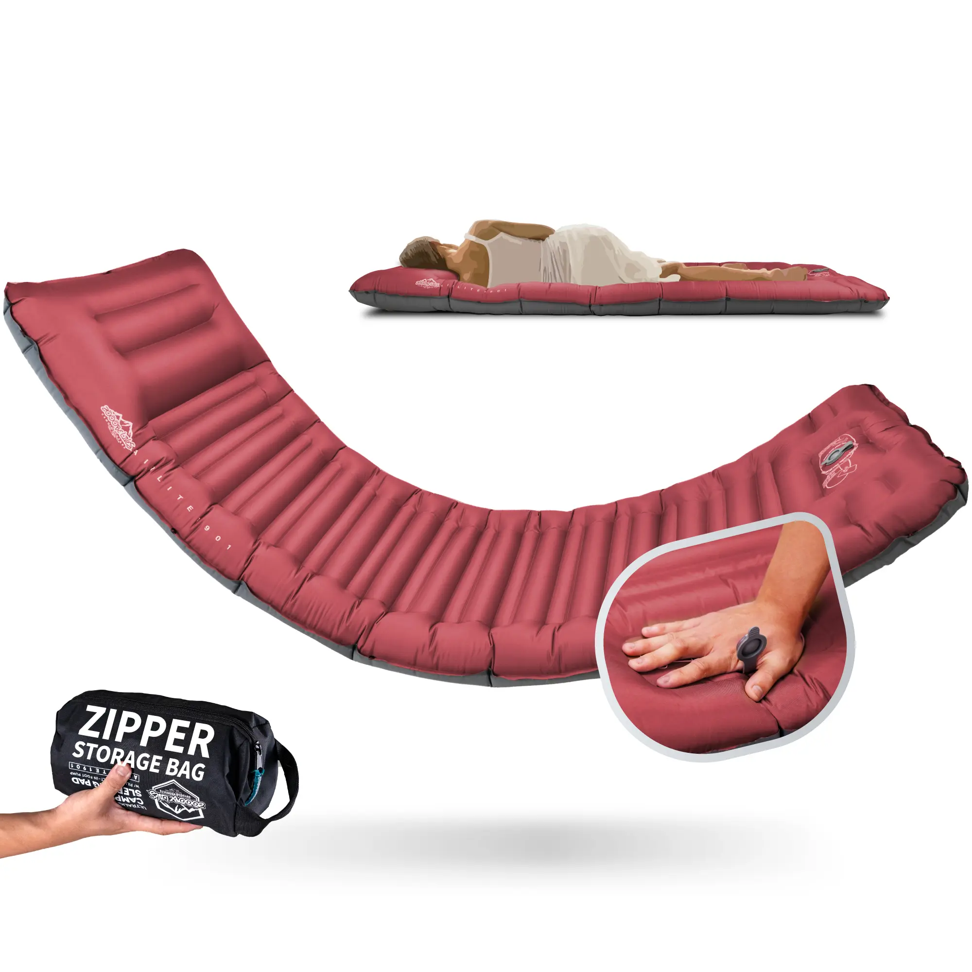ZOOOBELIVES Camping Sleeping Pad with Built-in Pump & Pillow, 5-Inch Thick, 27-Inch Wide, Ultralight Inflatable Camp Mat with Snap Buttons, Compact for Hiking Backpacking and Travel - Airlite1901